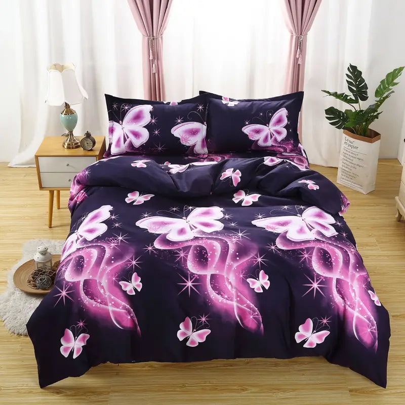 Purple Butterfly Print Duvet Cover Set (3pcs)